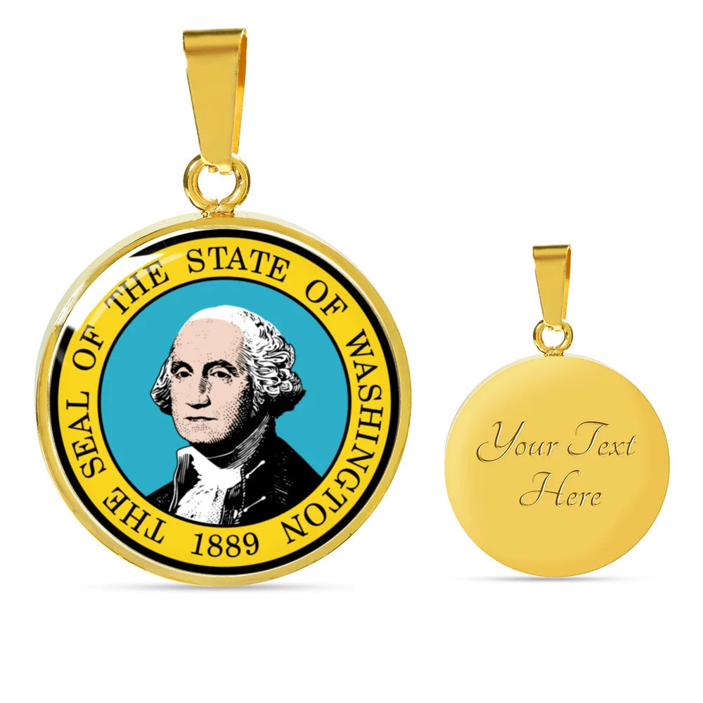 Washington State Seal Personalized Engraved Gold Circle Necklace Custom Name Da